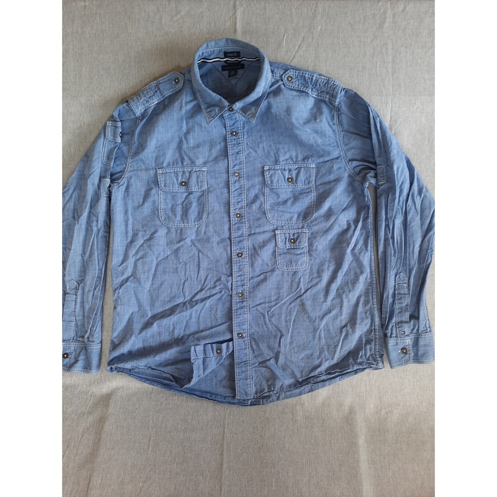 Tommy Hilfiger Mens Large Trim Fit Aviator Edge Western Chambray Button Shirt LS